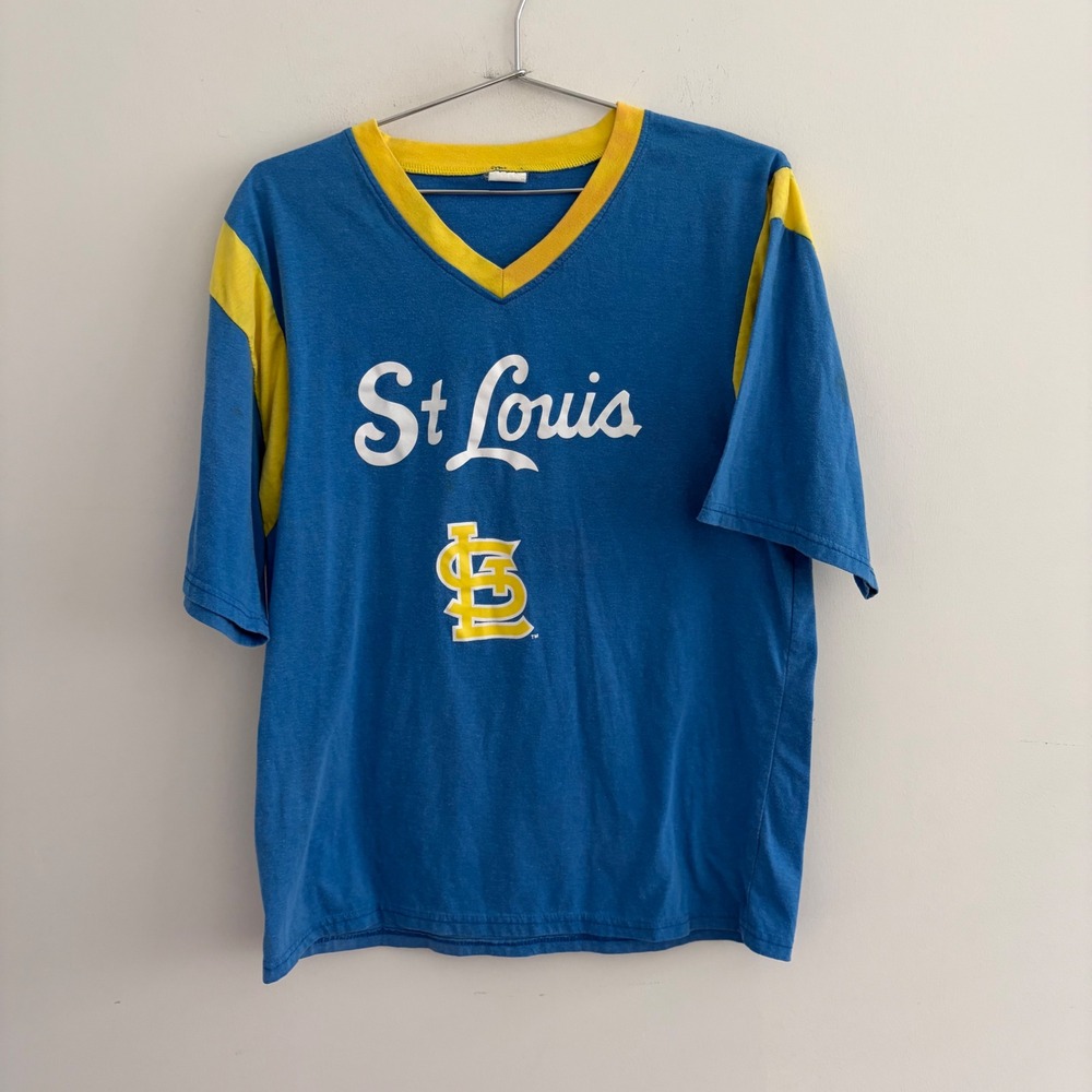 Vintage St Louis Cardinals Kurt Warner 13 Blue Yellow V-Neck T-Shirt Large